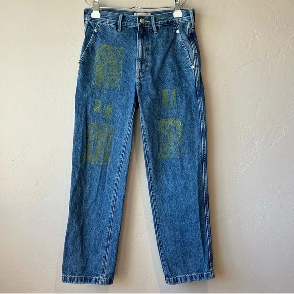 Painted nature design Everlane 25 cinched utility Jean green carpenter stamped - Picture 1 of 15